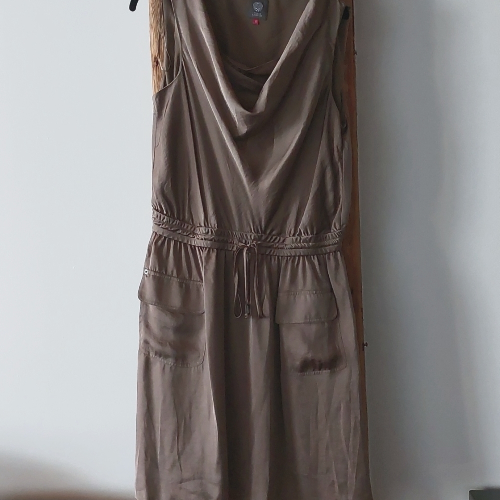NWOT Vince Camuto khaki gray cowl neck silky dress w pockets sz 14